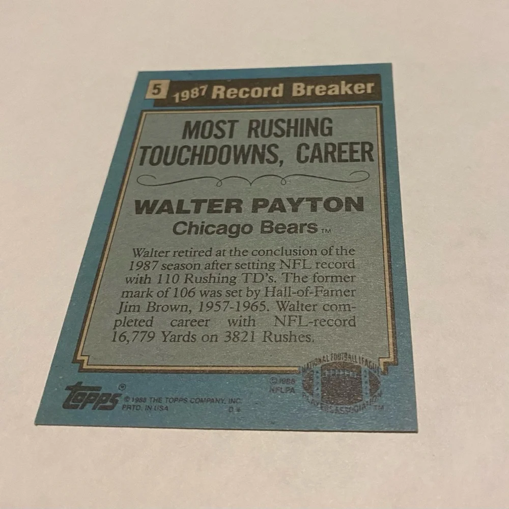 Walter Payton Topps 1987 Record Breaker 1988 Football Card # 5 Vintage HOF
